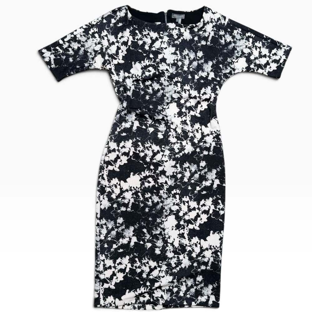 Vince Camuto Women’s S Black White Floral Stretch Sheath Midi Dress Back Zip